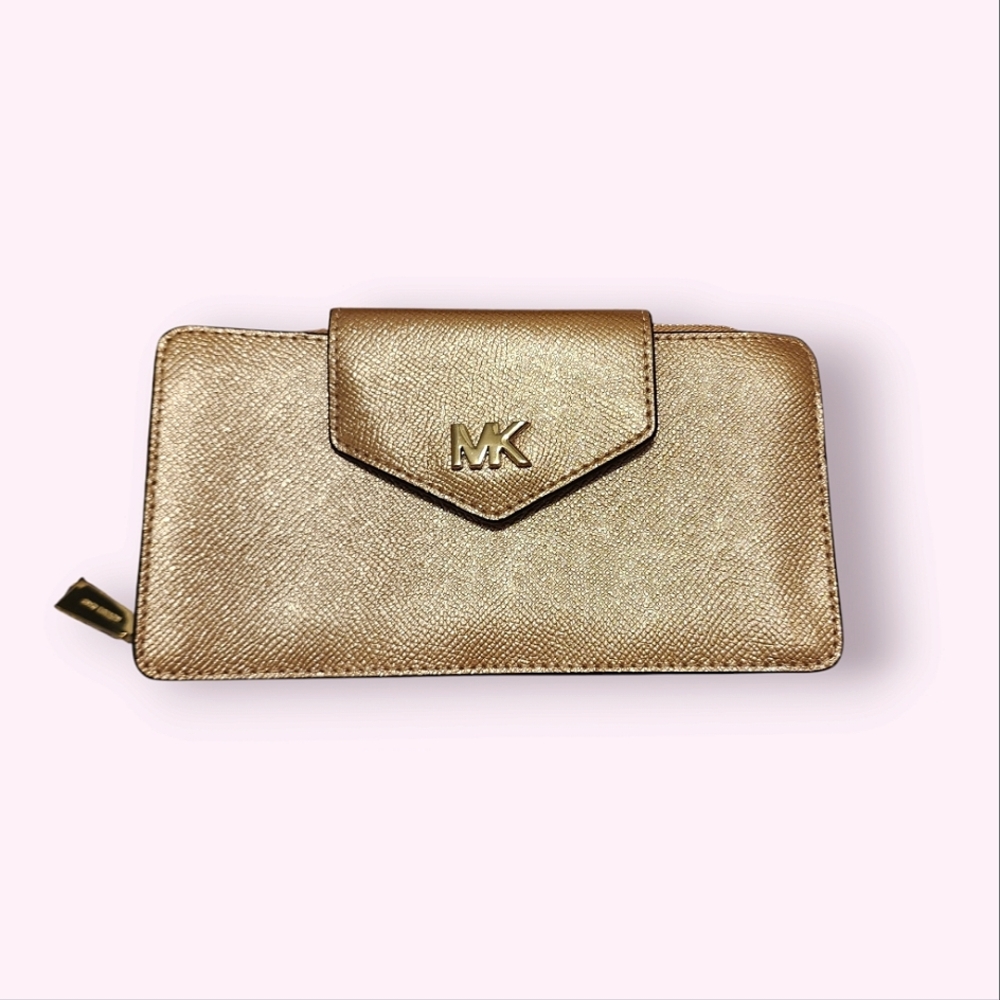 Michael Kors zip around front flap leather wallet Crossbody Bag champagne gold